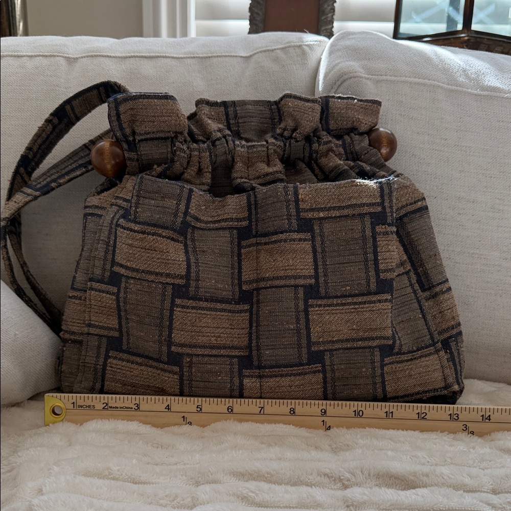 Vintage Boho Tapestry Handmade Artisanal Bucket Bag purse Wood Beads Cottagecore - Picture 7 of 11
